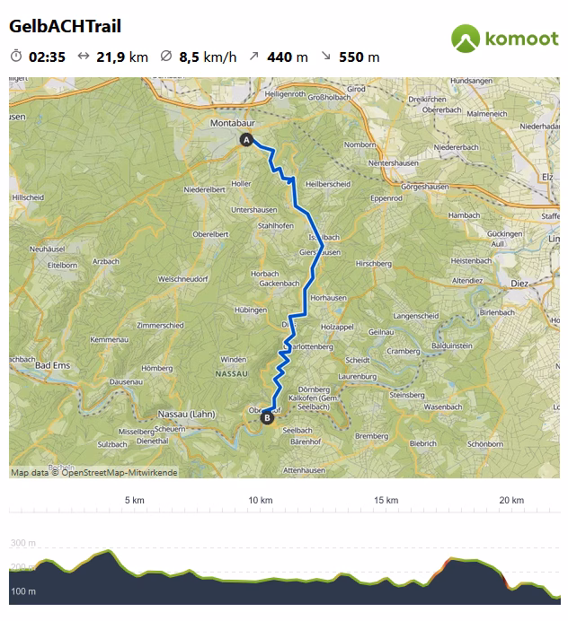 Tourenübersicht des GelbACHTrails mit Karte und Höhenprofil: Wanderroute von Montabaur nach Obernhof durch das Gelbachtal, 21,9 km lang mit 440 m Aufstieg und 550 m Abstieg.